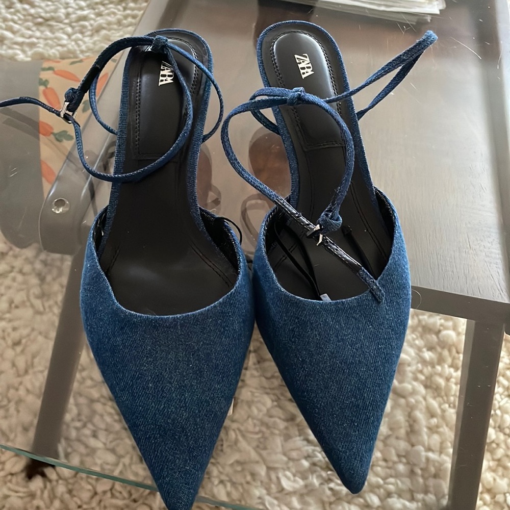 Kitten heel pointy blue Jean shoes